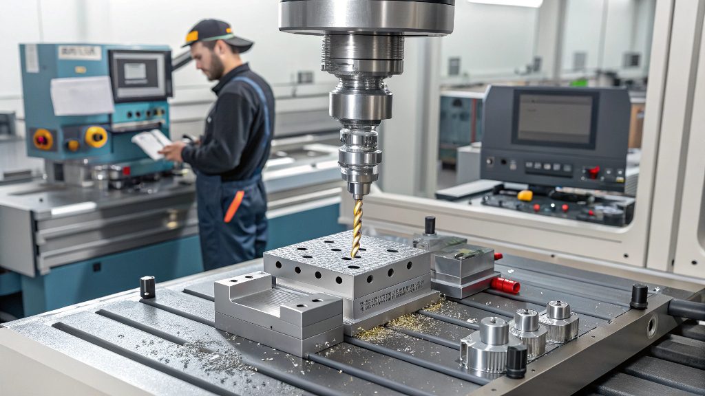 A CNC machine in operation, cutting a block of aluminum