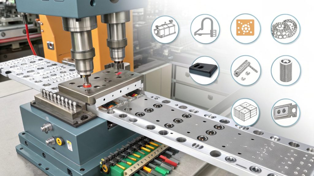 A complex progressive die next to a simple single-operation stamping die