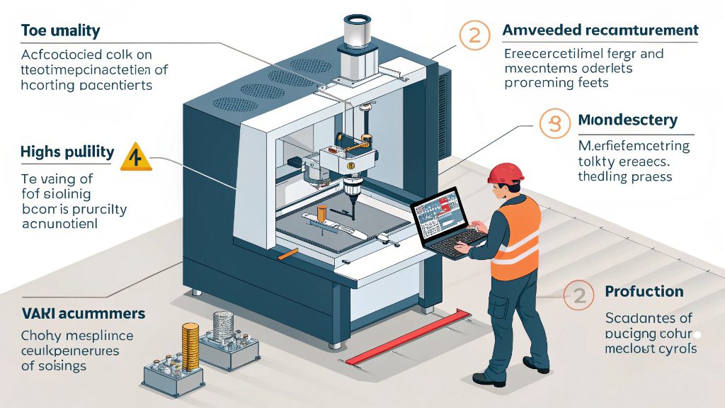 a quality inspector measuring a 5-axis part with calipers