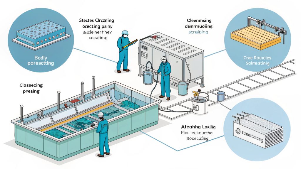 Anodizing Finishing Process Steps A rack of aluminum parts being moved between anodizing tanks