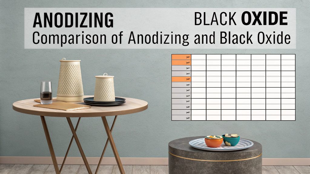 Diagram showing the electrochemical process of anodizing next to the chemical dip of black oxide.