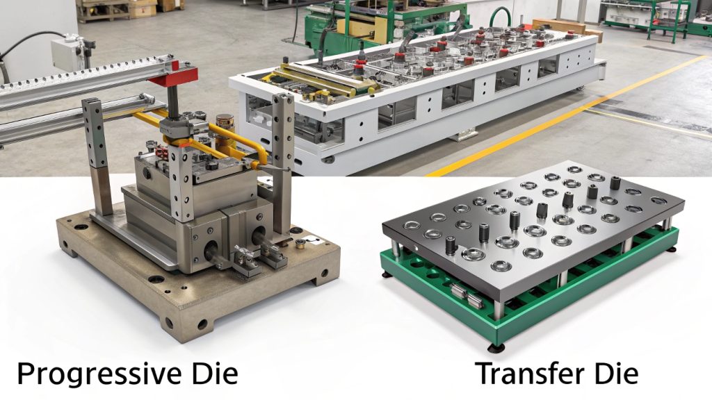 A diagram showing the difference between progressive die and transfer die processes