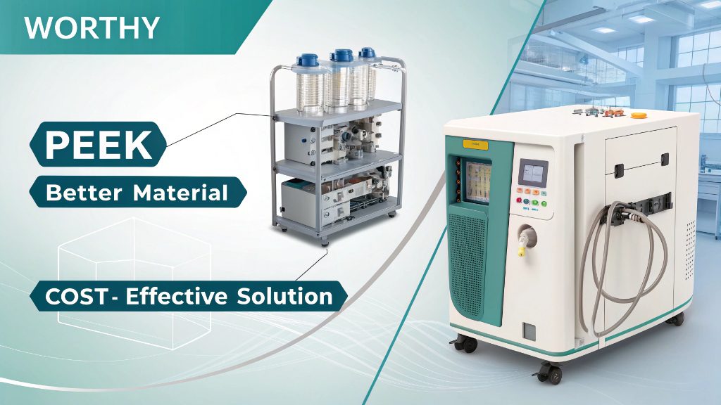 CNC Machined Delrin Parts A collection of white Delrin machined parts.