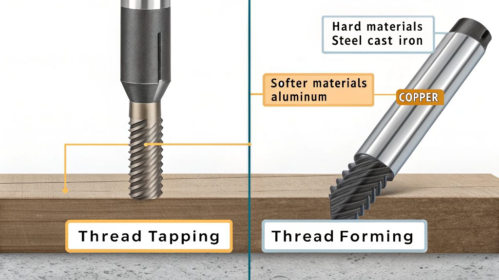 Cut Threads vs. Formed Threads A close-up comparison showing the cut material of a tapped hole versus the smooth, displaced material of a formed hole.