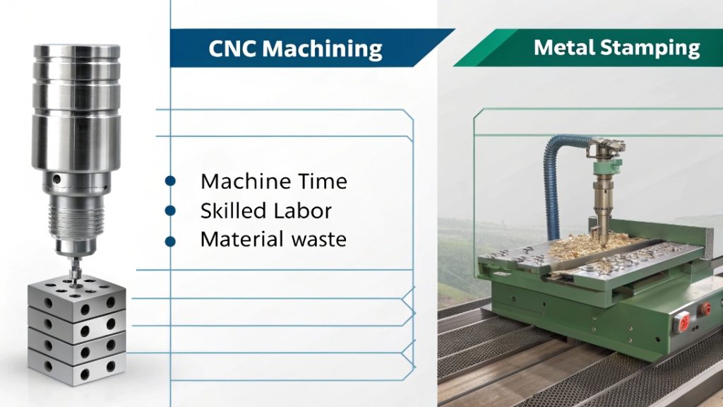 A graph showing the cost per unit for CNC vs Stamping as quantity increases