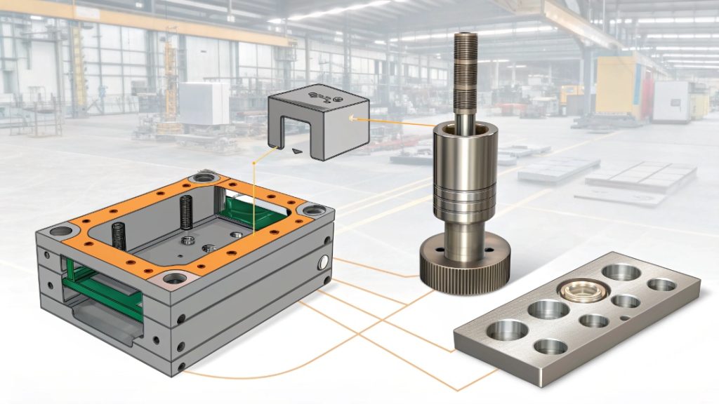 An illustration showing the stages of the deep draw stamping process
