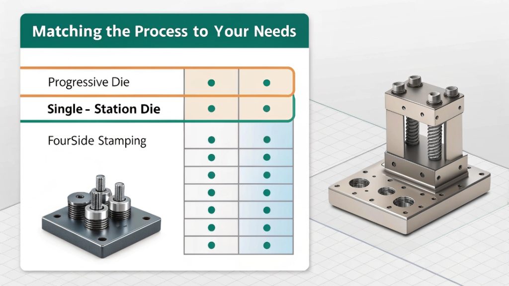 close-up of a progressive die in a stamping press
