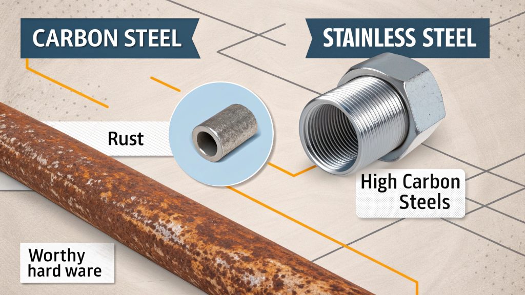 A rusted carbon steel component next to a coated one