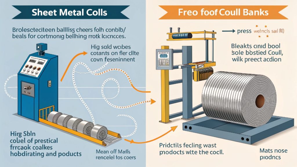 A large coil of sheet metal and a stack of pre-cut metal blanks