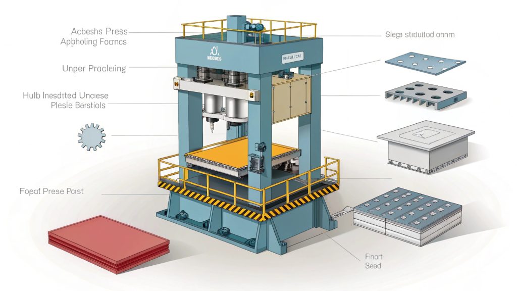 Diagram showing the basic manufacturing method of metal stamping with press, die, and material