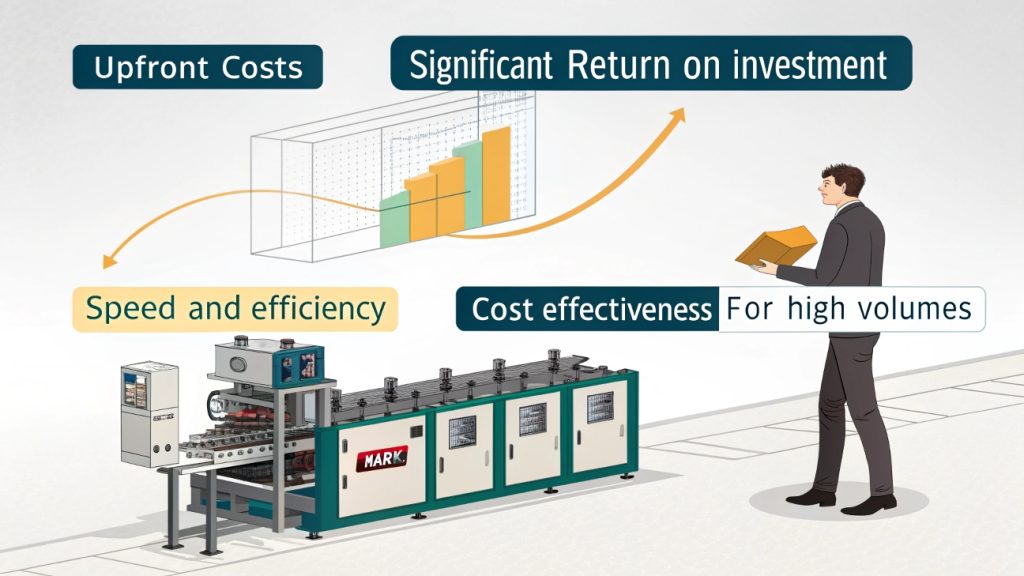 A chart showing the cost per part decreasing with volume for progressive die stamping projects