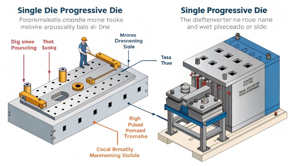 A simple single die next to a complex progressive die