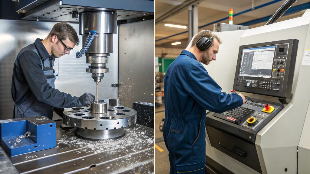 Manual Mill vs. CNC Mill A side-by-side image of an old-style manual mill and a modern CNC machining center.