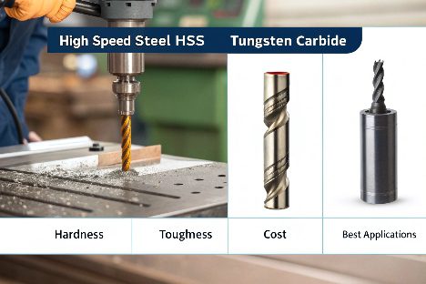 A side-by-side comparison of an HSS drill bit and a carbide end mill.