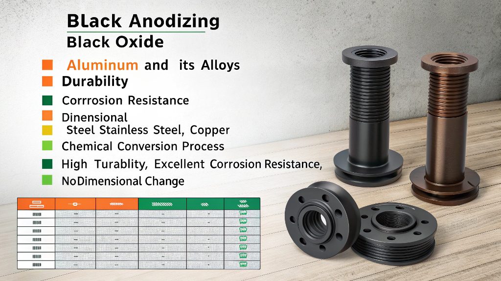 Black Oxide vs Black Anodizing A side-by-side comparison of a black anodized aluminum part and a black oxide steel screw.