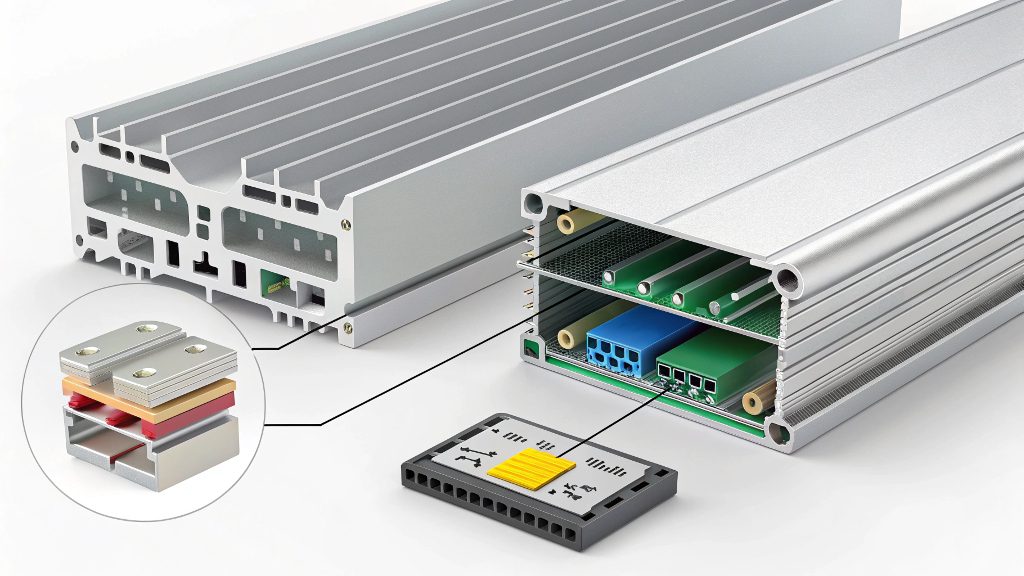 Anodized part with masked conductive areas Anodized electronic enclosure with masked grounding points
