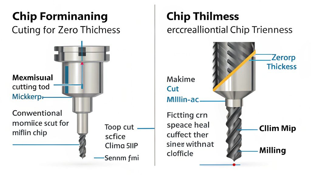 Diagram showing the cutting action of conventional and climb milling