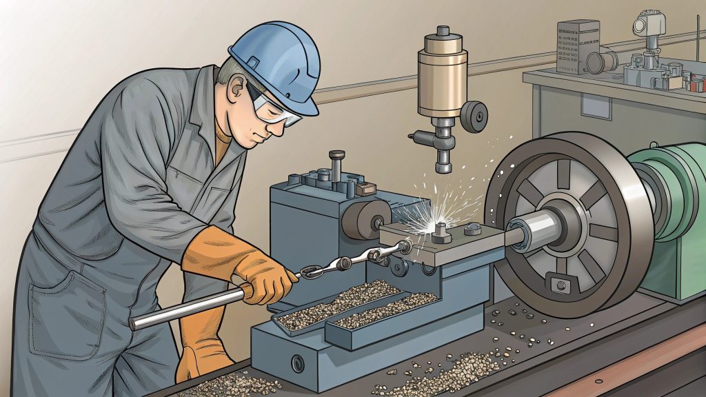 A CNC lathe turning a mild steel rod, creating a smooth surface