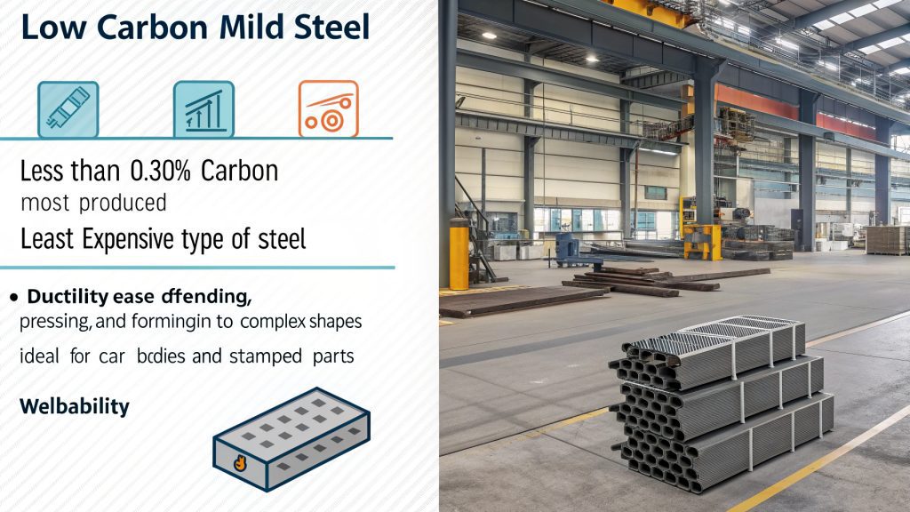 Common Mild Steel Products A picture of common mild steel products like pipes, rebar, and flat sheets.