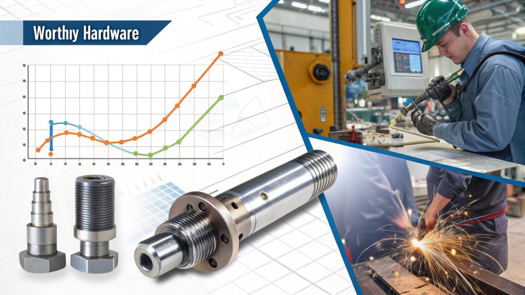 CNC machine actively cutting a block of titanium with coolant spray.