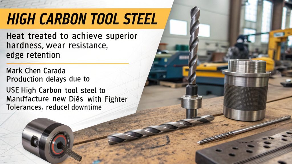 High Carbon Steel Tools A display of various tools made from high carbon steel, such as saw blades, drill bits, and chisels.