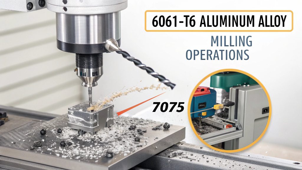 A close-up of a CNC milling tool cutting 6061 aluminum