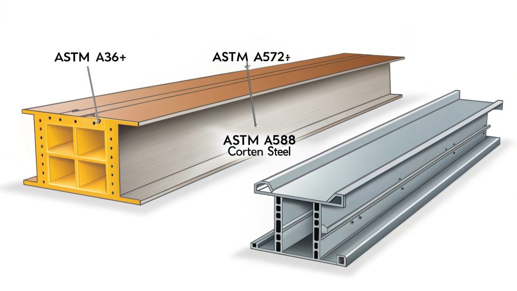 Various structural steel shapes like I-beams and angle iron