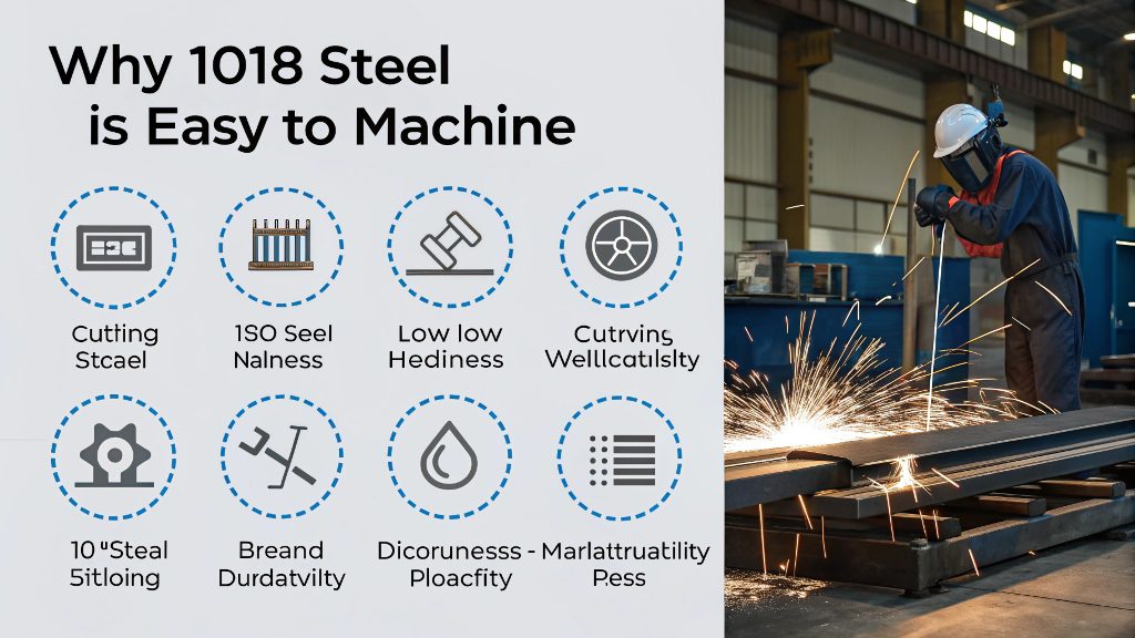 Machining 1018 Steel Close-up of a CNC lathe turning a 1018 steel rod with clean chips flying off