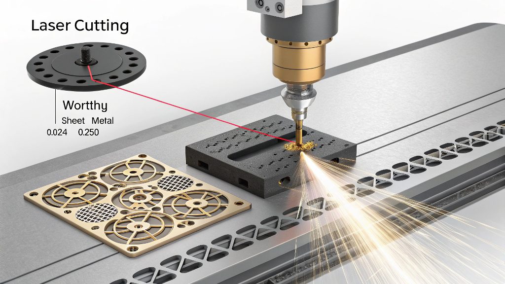 Close-up of a laser nozzle cutting through an aluminum sheet.