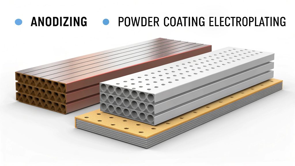 A split image showing a part before and after a surface finishing process like anodizing