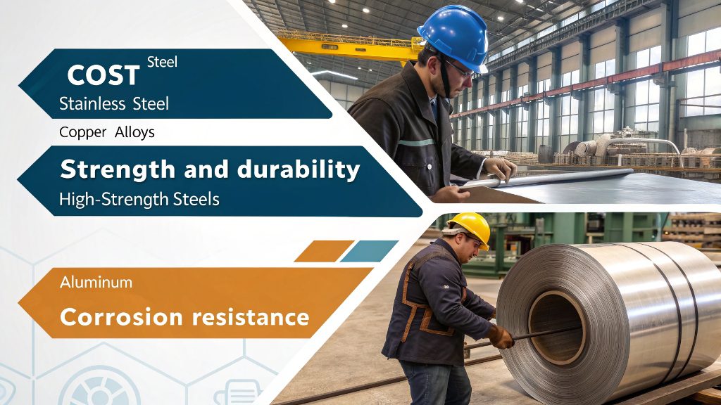 A display of stamped parts made from different materials: steel, aluminum, copper, and brass.