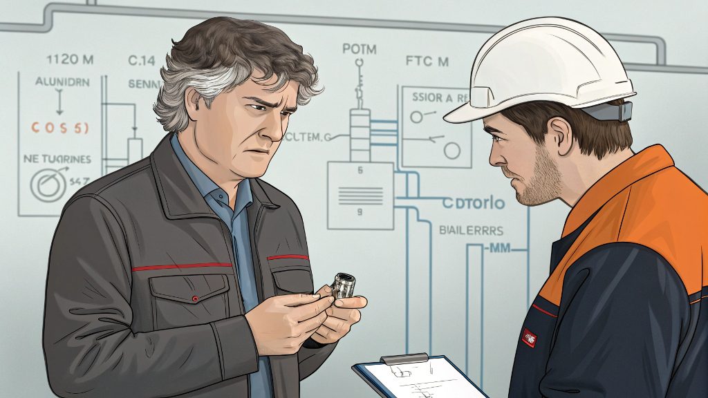 An engineer's hands holding samples of ETP, OFC, and Tinned Copper wire, comparing them against a technical drawing.