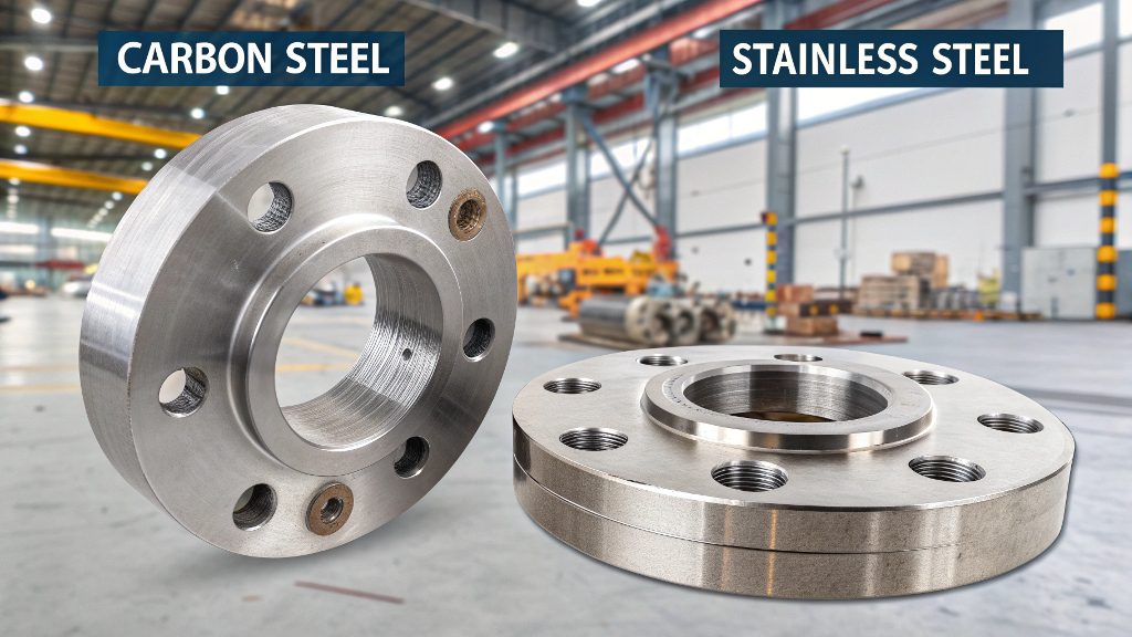 A rusty carbon steel part next to a pristine stainless steel part in the same environment