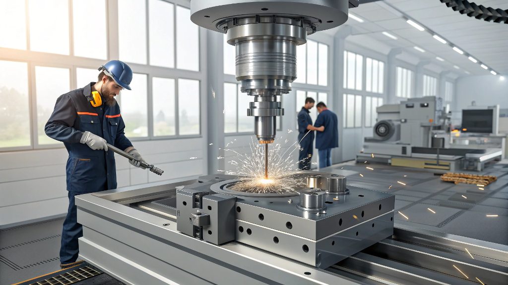 Machining High Carbon Steel CNC machine carefully cutting a high-carbon steel block