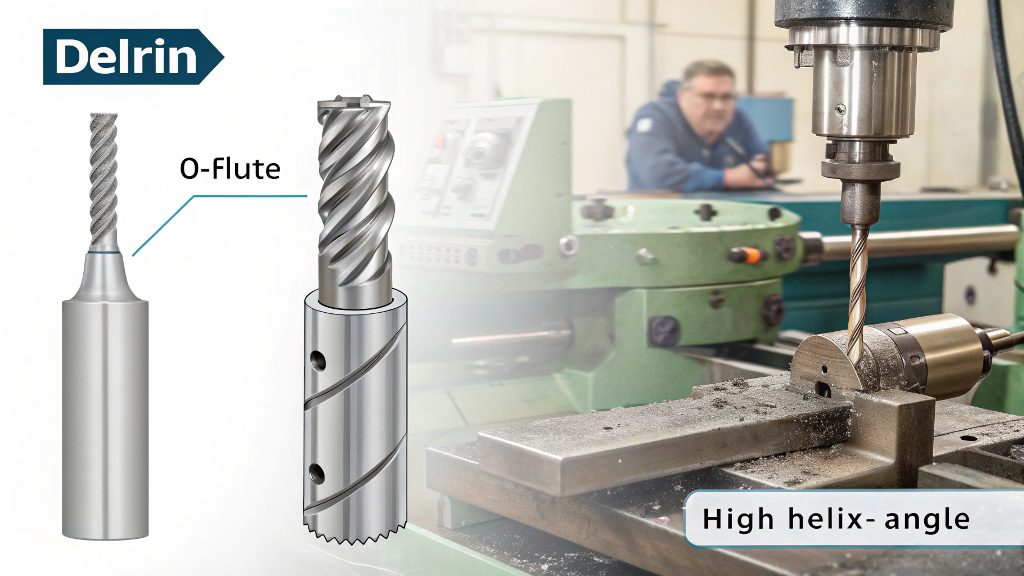 A close-up of a single-flute 'O-flute' end mill next to a piece of Delrin