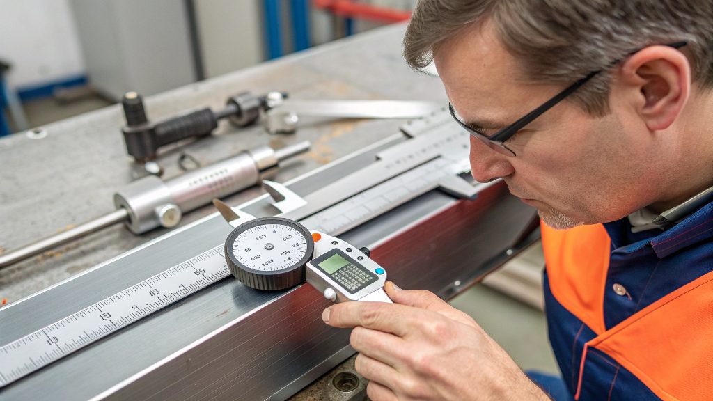 Measuring Metal Gauge for Stamping A digital caliper measuring the thickness of a steel sheet