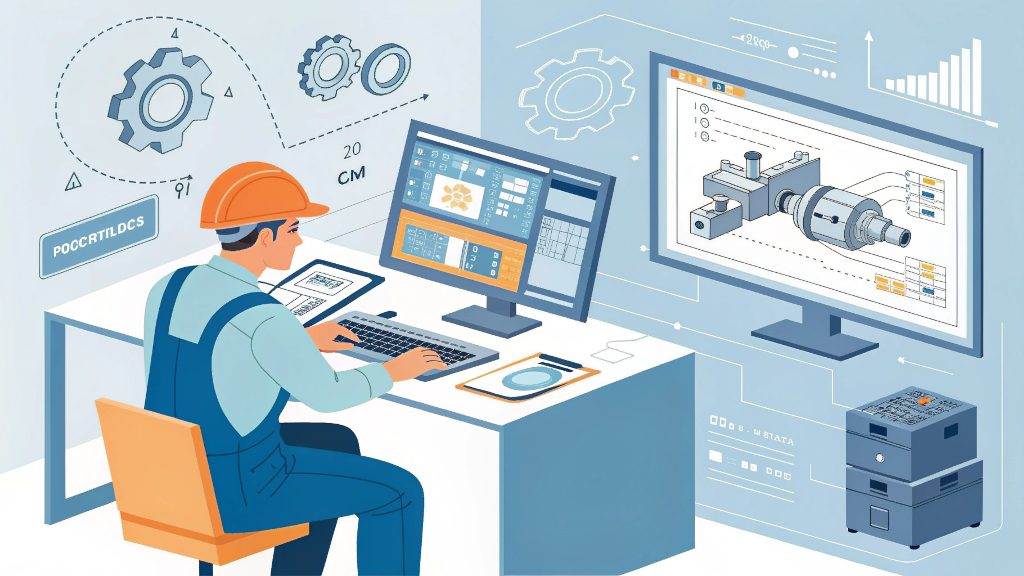 CNC Machine Programming A computer screen showing CAM software with a toolpath simulation.