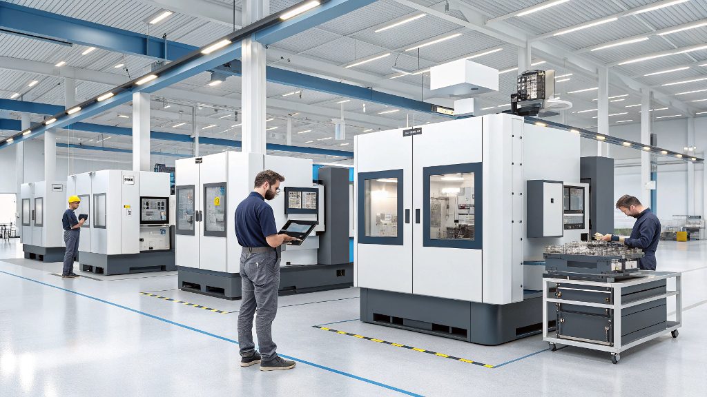 A CNC machine with a pallet changer automatically swapping out a finished part for a new blank