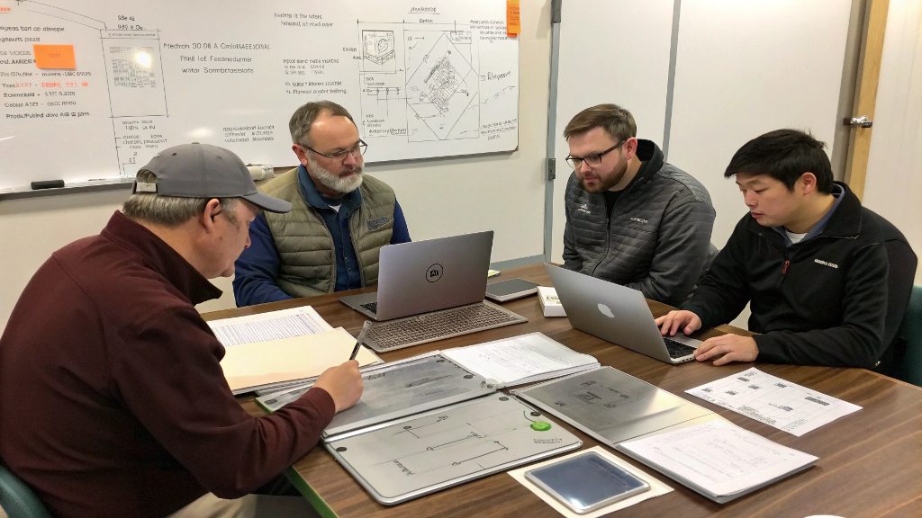 An engineer examining different metal samples for a stamping project