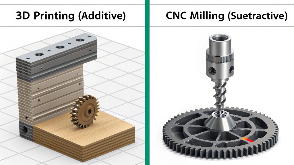 Additive vs. Subtractive Manufacturing A 3D printer building a part layer by layer, contrasted with a CNC mill carving a block of aluminum.