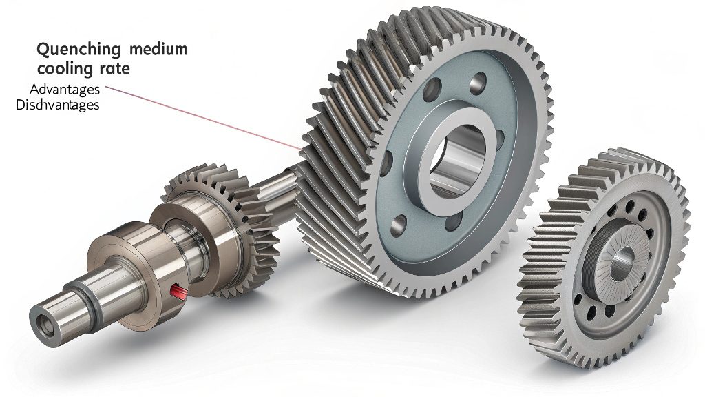 Alloy steel part being quenched in an oil bath