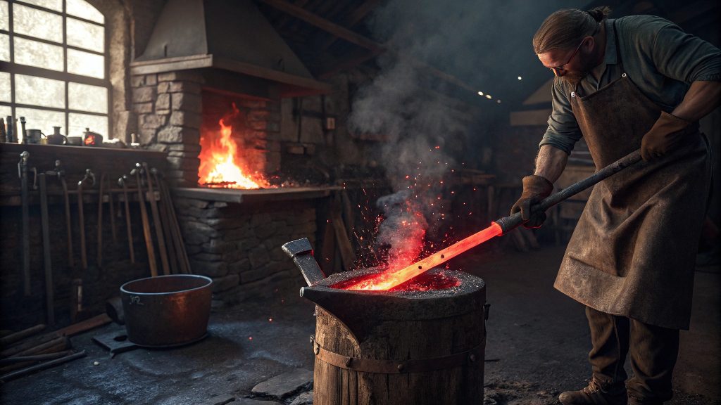 Simple Analogy for Quenching A blacksmith plunging a glowing hot sword into water