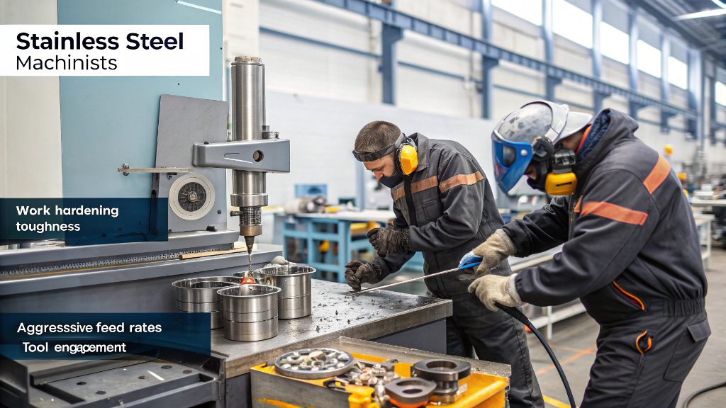 A CNC machine cutting a stainless steel part with coolant visible