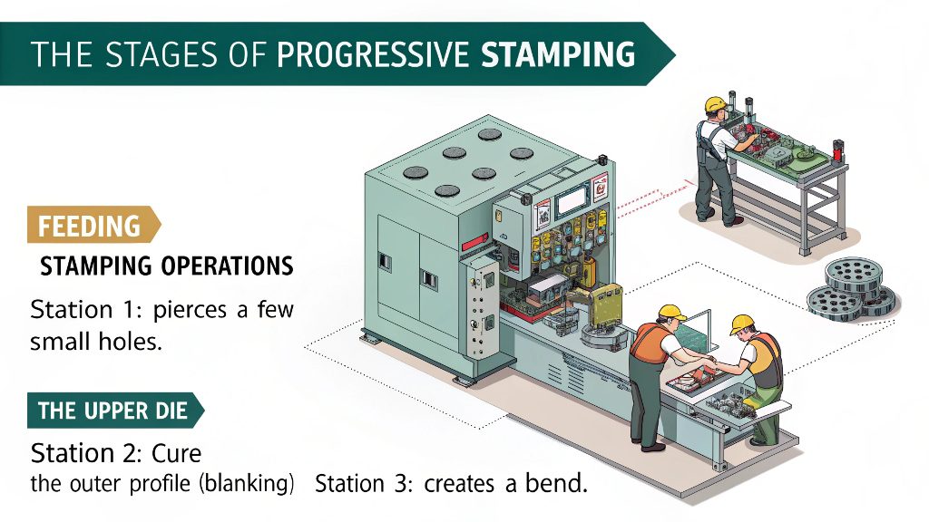 Progressive Die Stamping Process Steps A diagram showing the step-by-step process of progressive die stamping