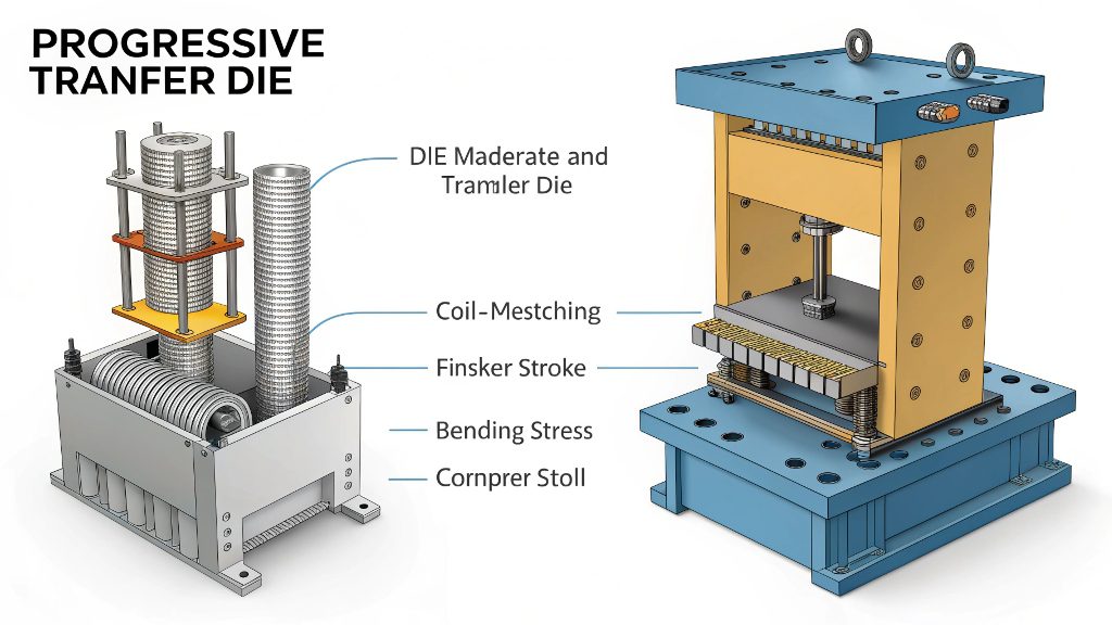 Progressive Die and Transfer Die Process Flow Diagram showing the process flow of progressive die and transfer die stamping