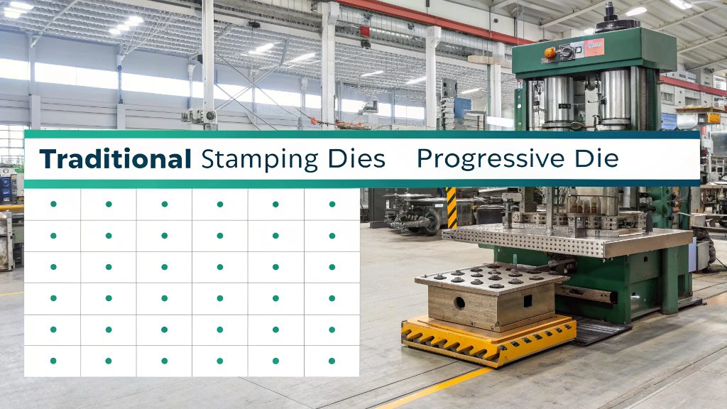 Stamping Die vs Progressive Die A comparison of a simple stamping die and a complex progressive die