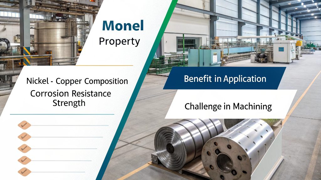 A chart comparing the machinability ratings of different metals, with Monel highlighted.