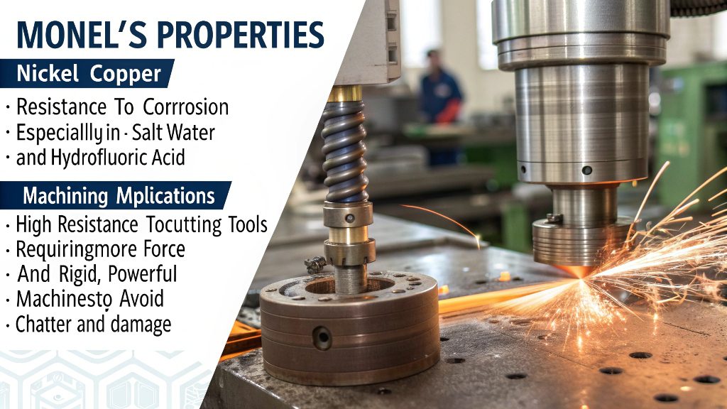 A CNC machine cutting into a block of Monel, with visible coolant spray.