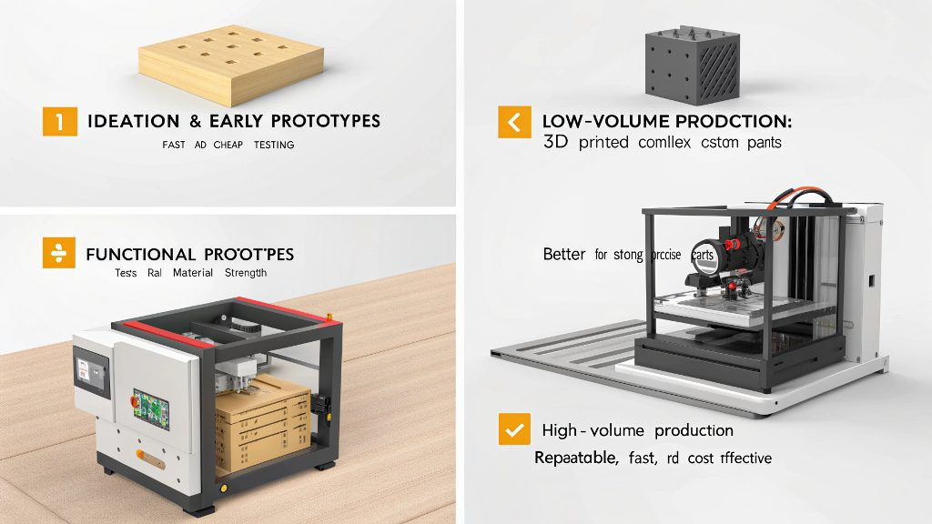 Prototype to Production Engineer comparing a complex 3D printed prototype to a final machined part.