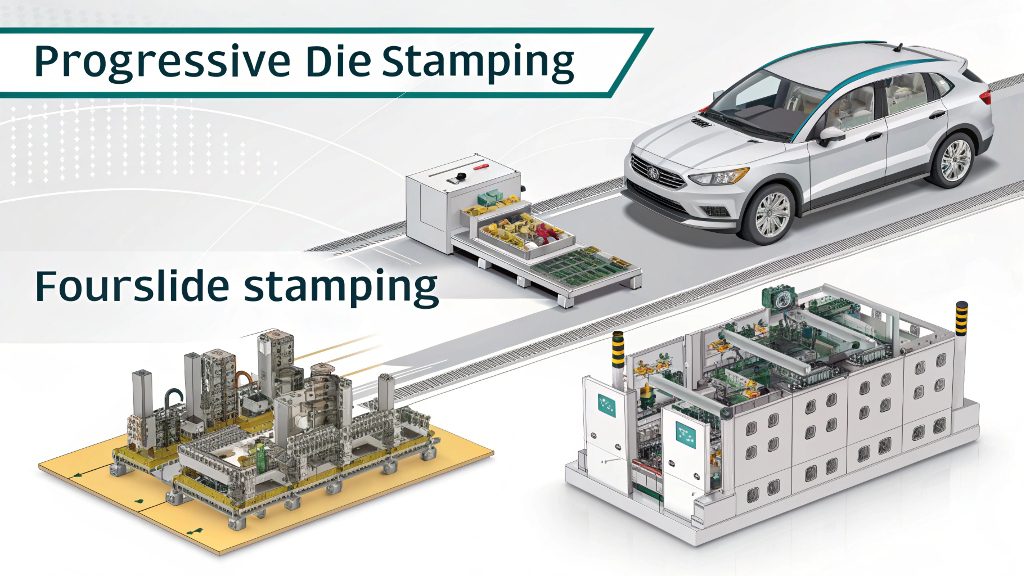 Automotive Metal Stamping Process An industrial stamping press in action, forming an automotive part